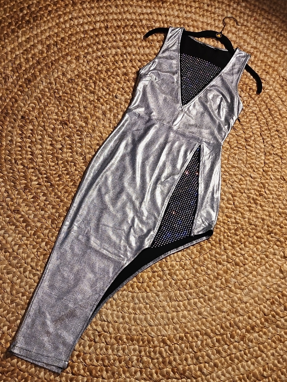 Sexy Metallic Silver Asymmetrical Dress with Rainbow Studded Inset
